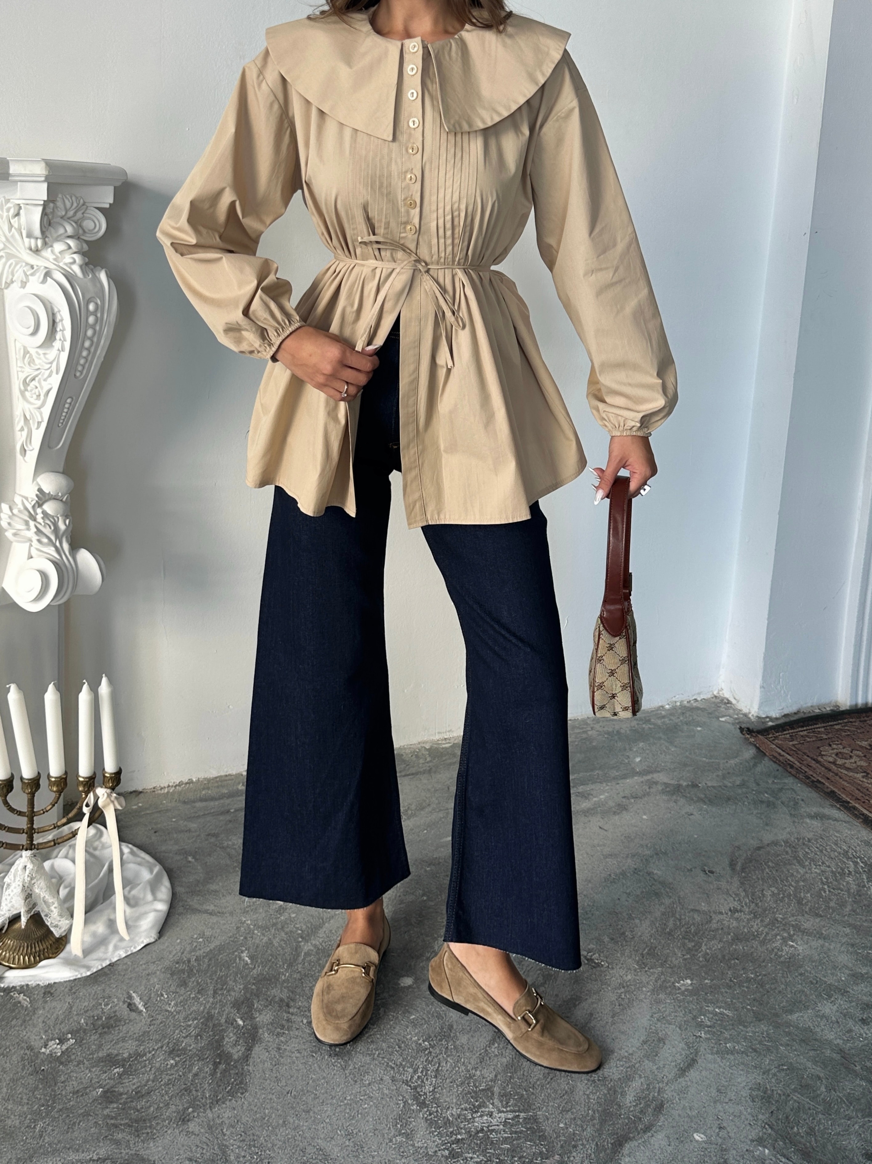 Geniş Yaka Poplin Gömlek - Bej