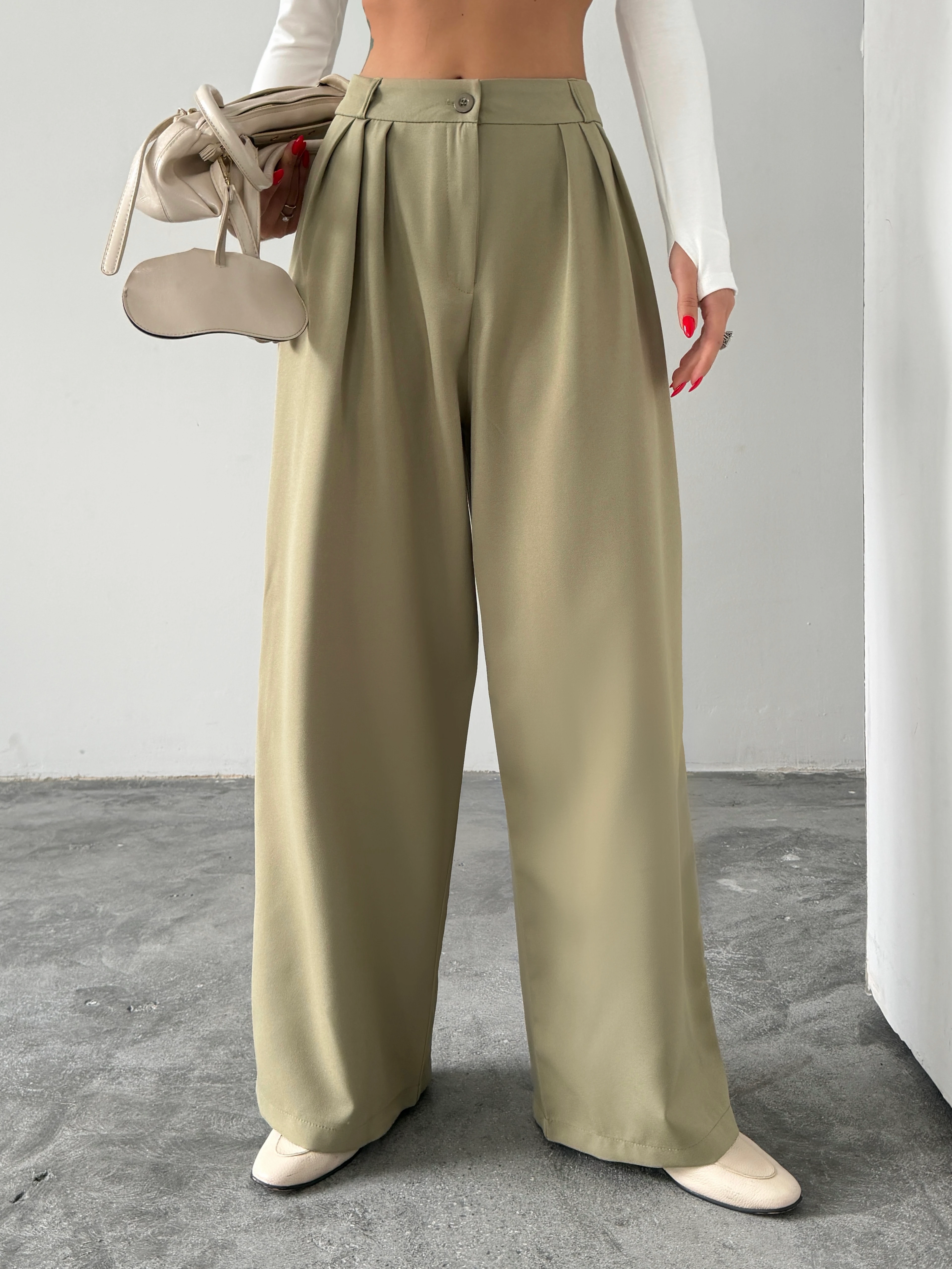 Üç Pile Palazzo Pantolon - Çağla Yeşili