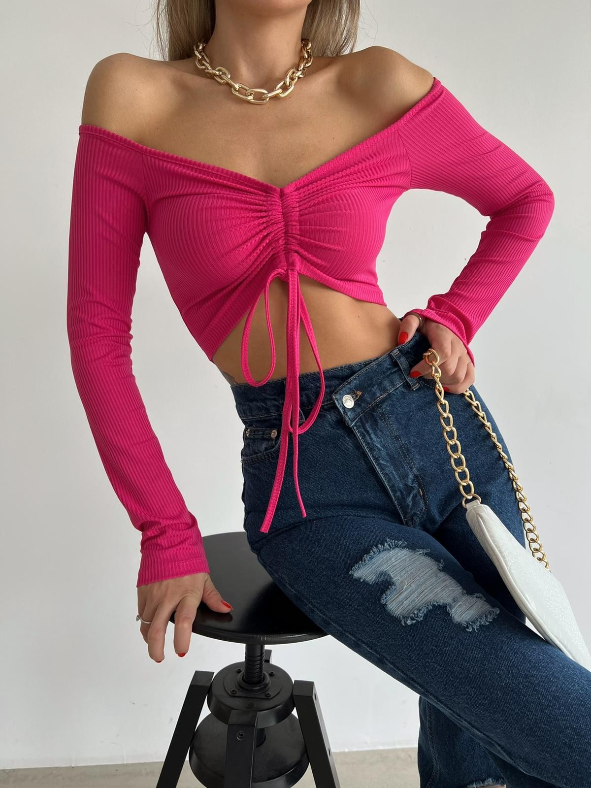 Ön Büzgü Fitilli Madonna Bluz Pembe