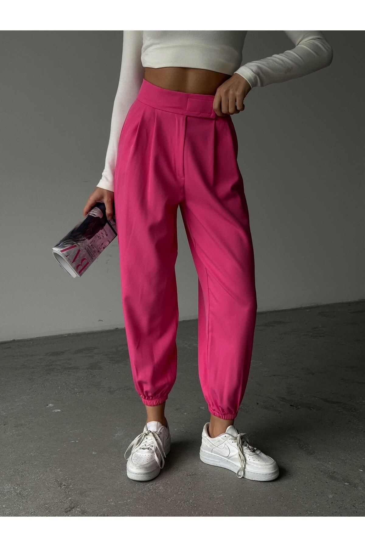 Bel Cırtlı Jogger Pantolon Pembe