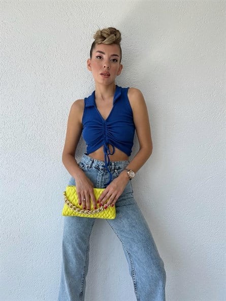 Polo Yaka Ön Büzgü Crop Saks Mavi