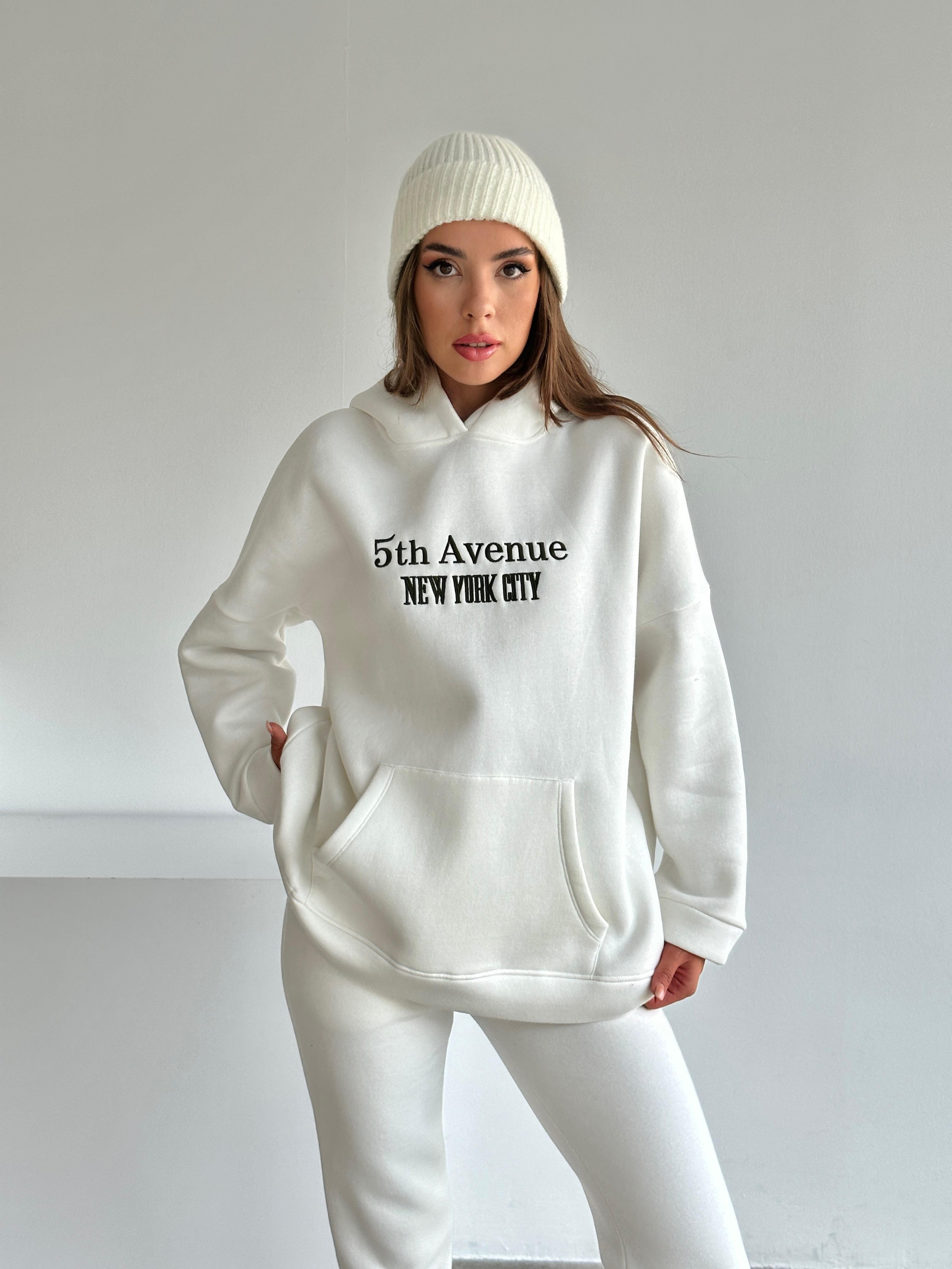 Nakışlı Kapüşonlu Sweat Beyaz