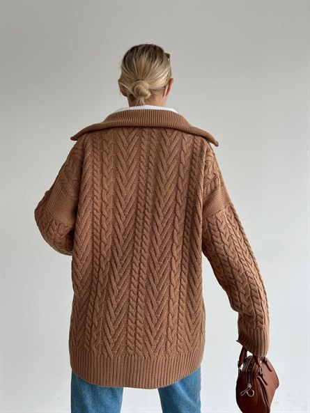 Fermuar Yaka Örgü Oversize Kazak Taba