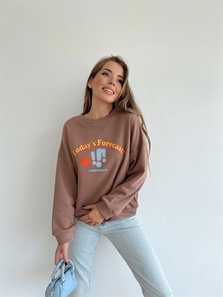 Today Forecast Baskı Sweatshirt Kahverengi