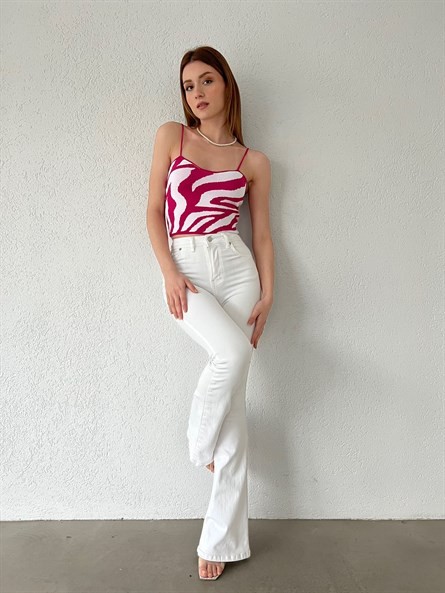 İp Askı Zebra Desenli Triko Bluz Fuşya-Beyaz