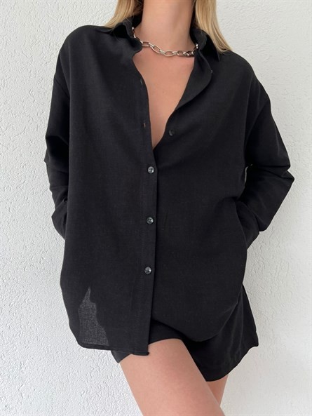 Valeria Oversize Keten Gömlek Siyah
