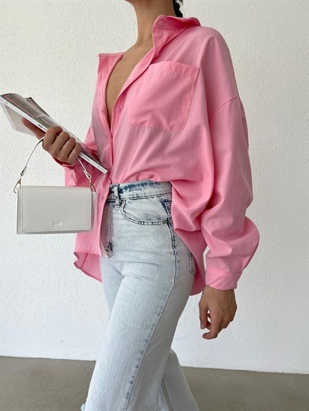 Balon Kol Oversize Poplin Gömlek Pembe