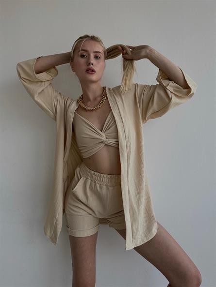 Üçlü Sun Kimono Takım Bej