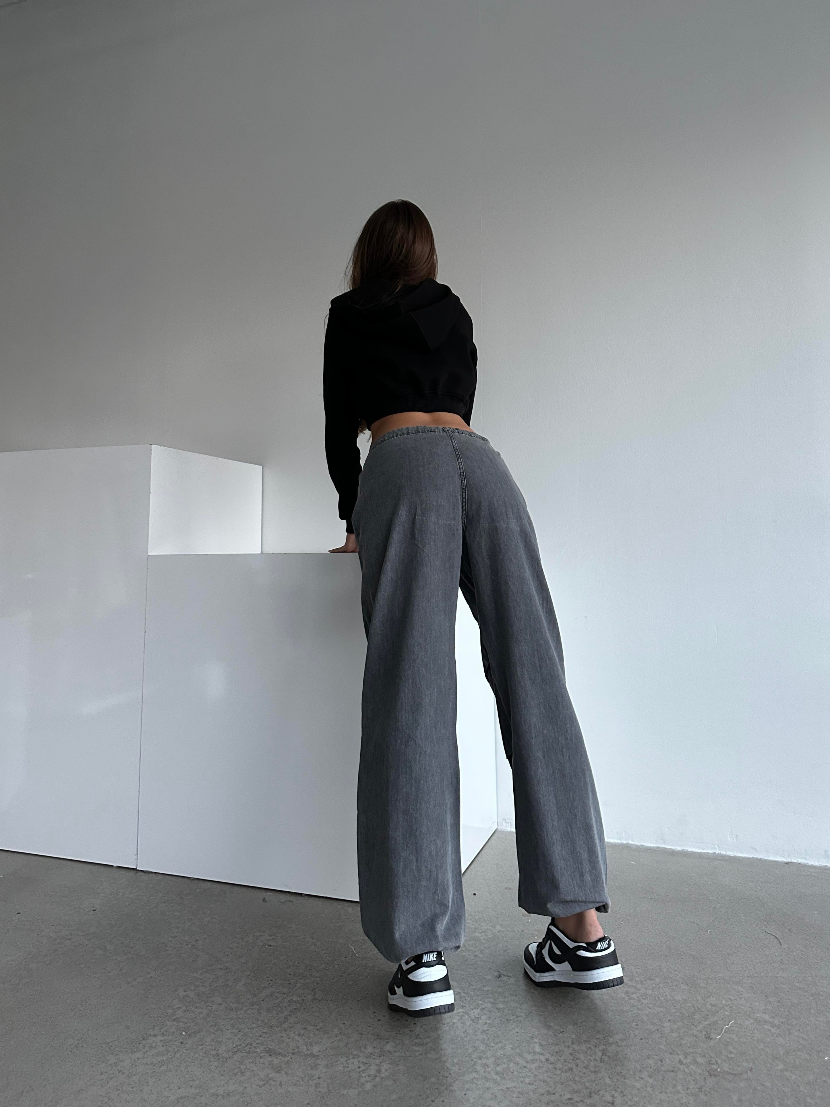 Denim Dokulu Bel Lastik Jogger Paraşüt Pantolon Füme Yıkama