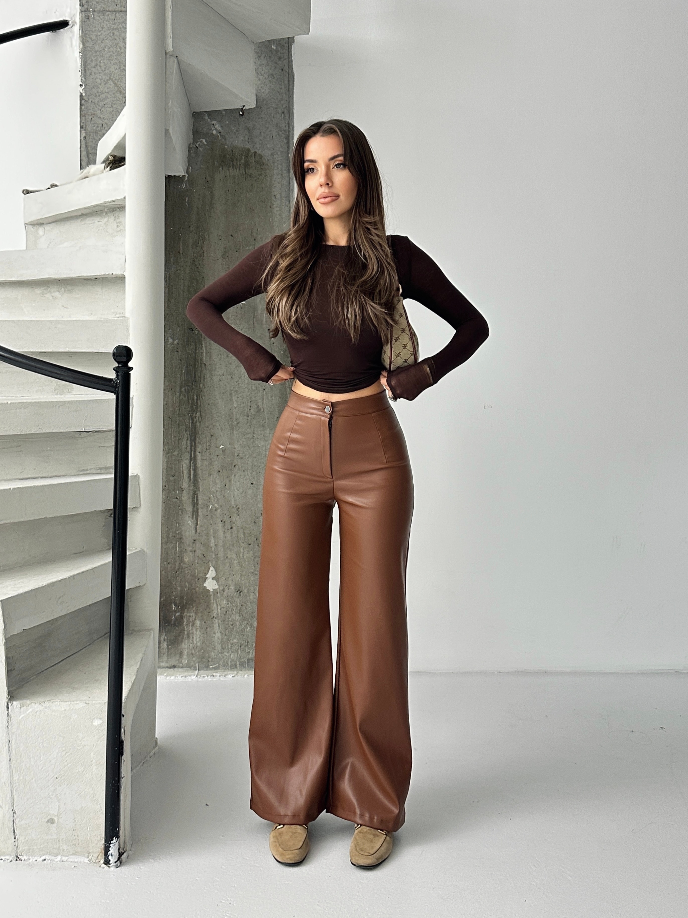 Düz Kesim Şardonlu Deri Palazzo  - Taba