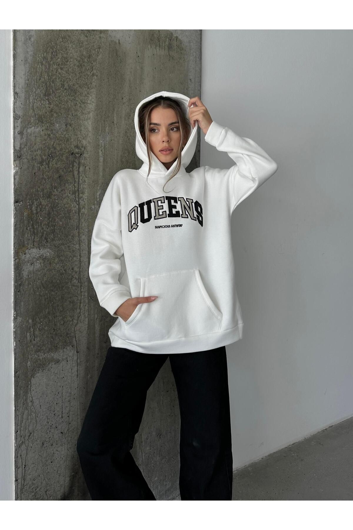 Queens Üç İplik Kapüşonlu Oversize Sweat Beyaz