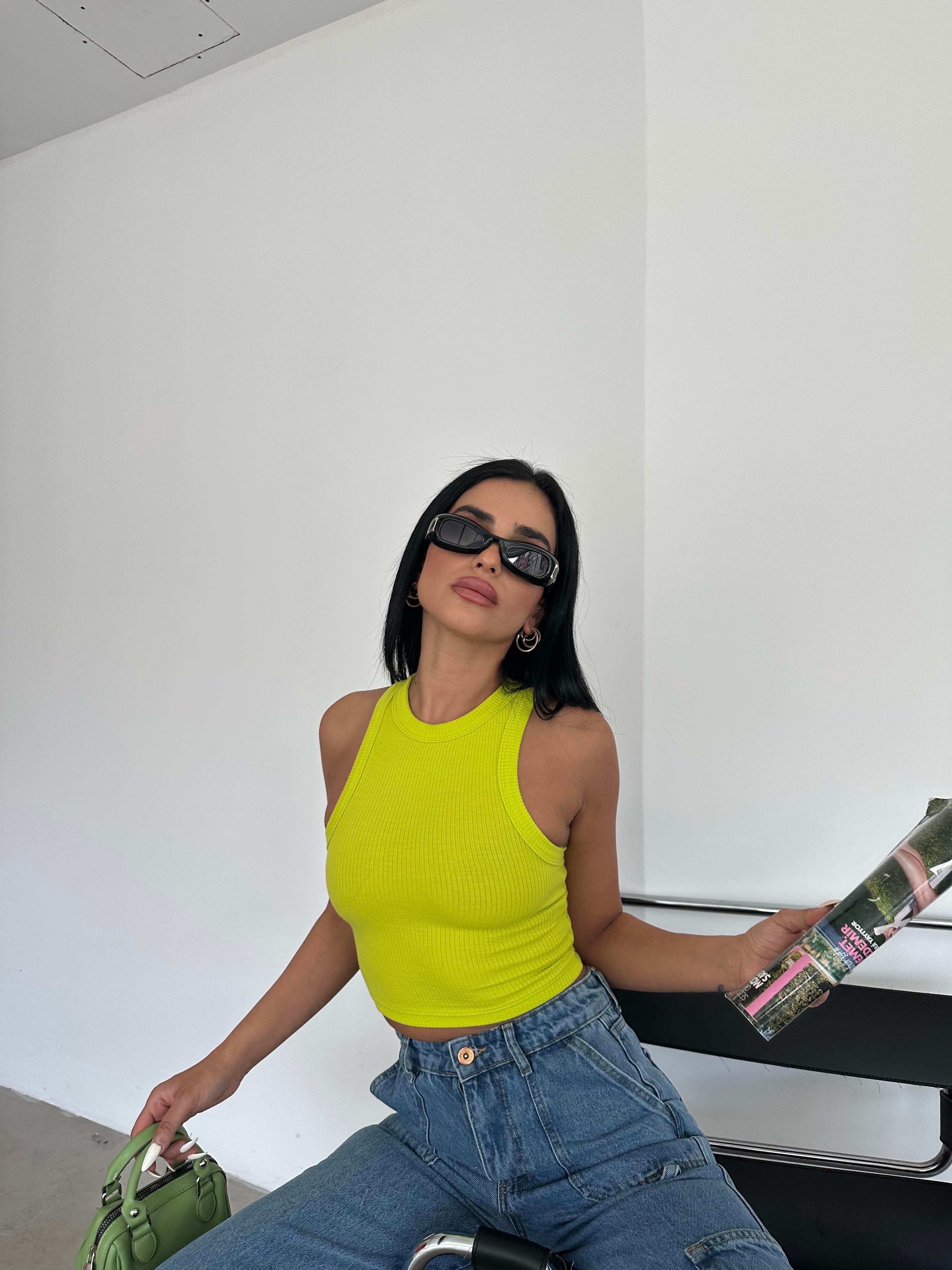 Halter Yaka Fitilli Crop Neon