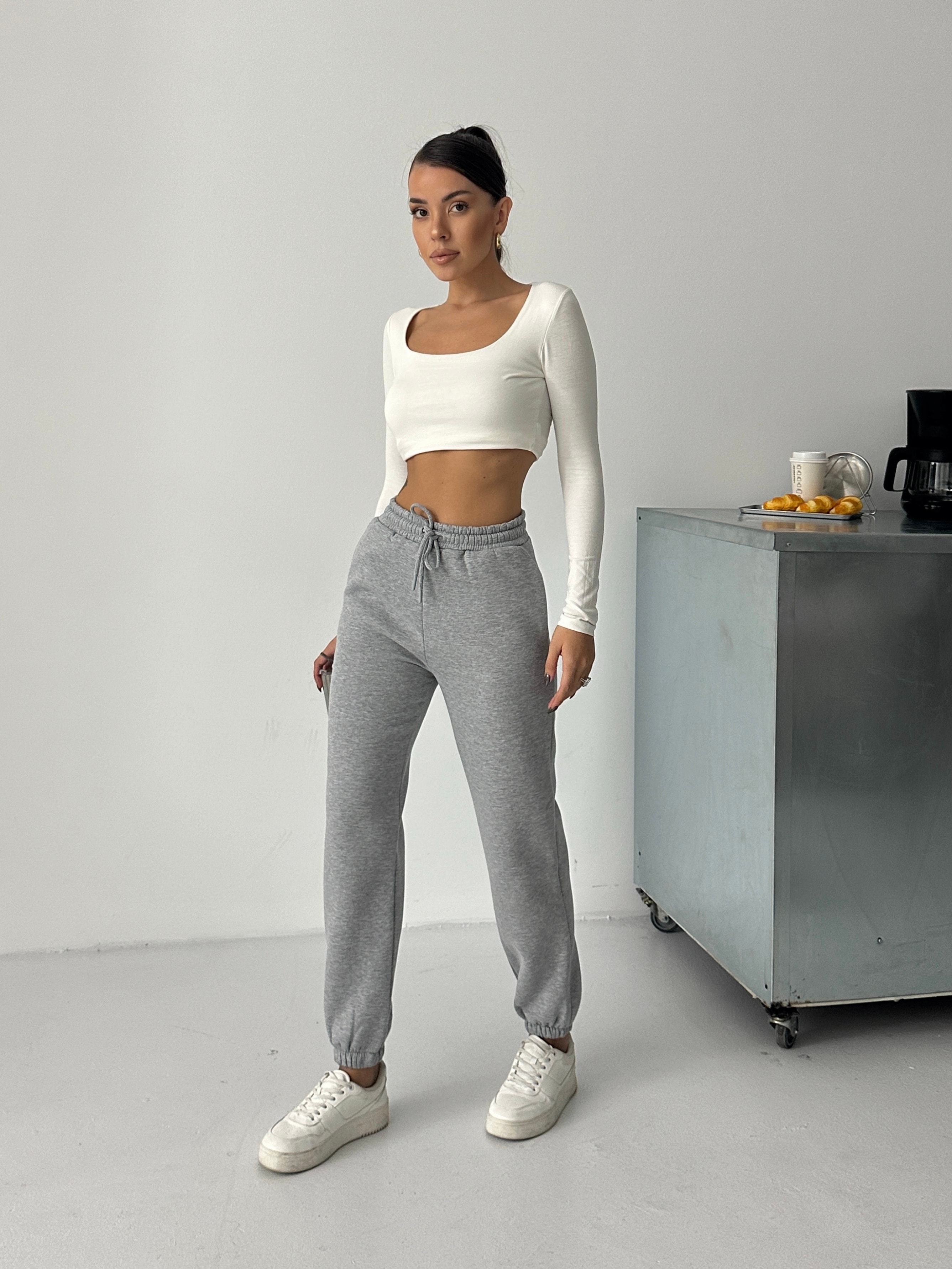 Bel Lastik Jogger Eşofman Gri Melanj