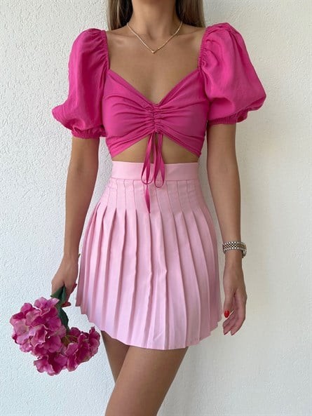 Pileli Mini Etek Pudra Pembe