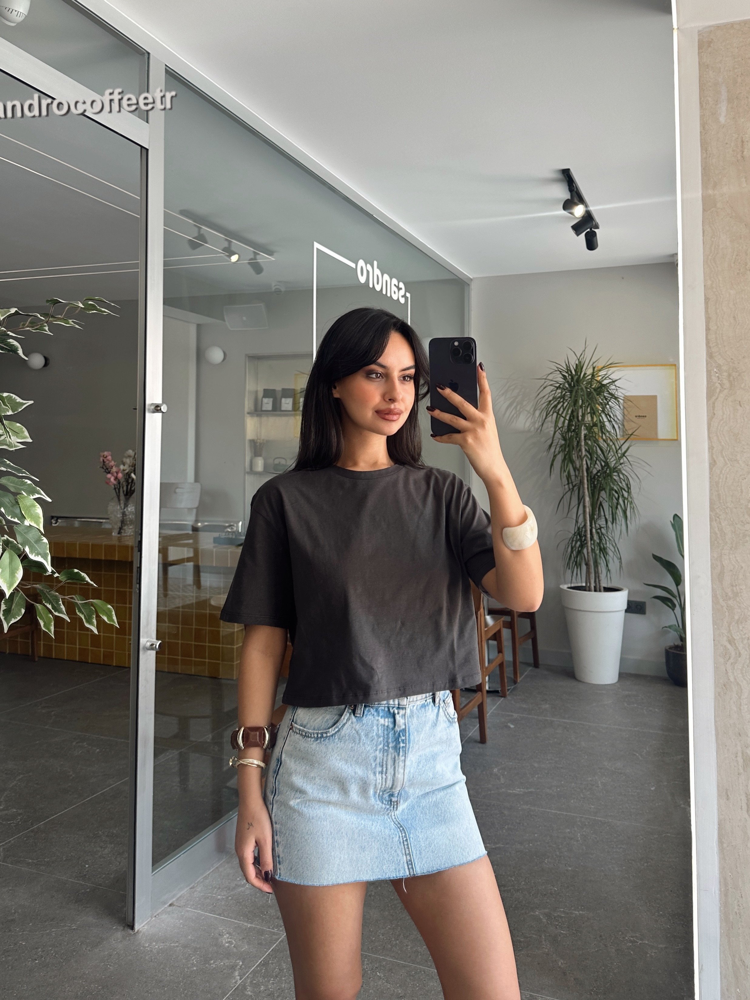 Düz Kısa Kol Crop Basic - Füme