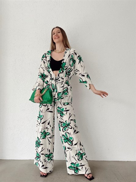 Flora Keten Bağlamalı Kimono Yeşil