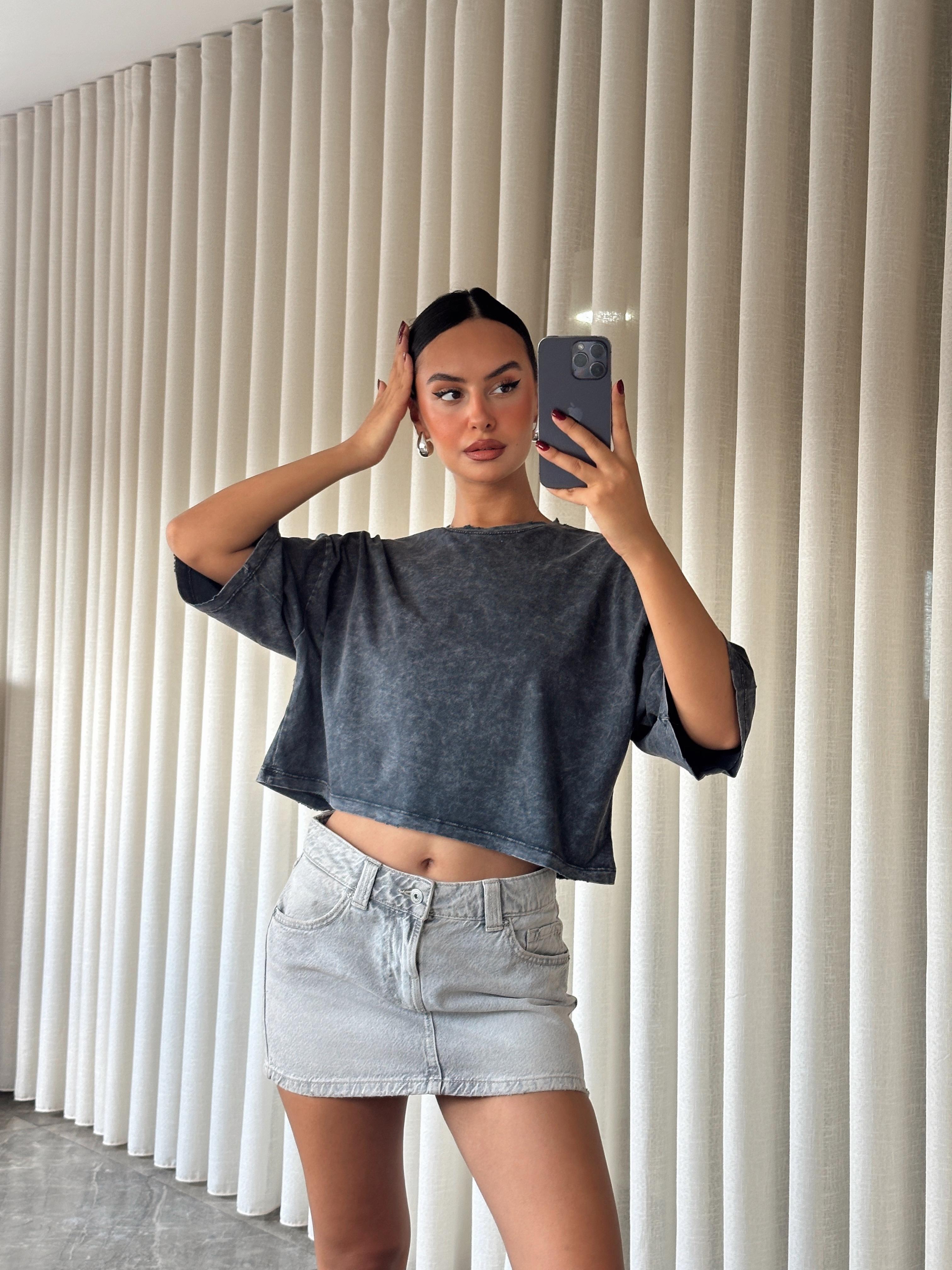 Yıkamalı Düz Crop Basic - Füme