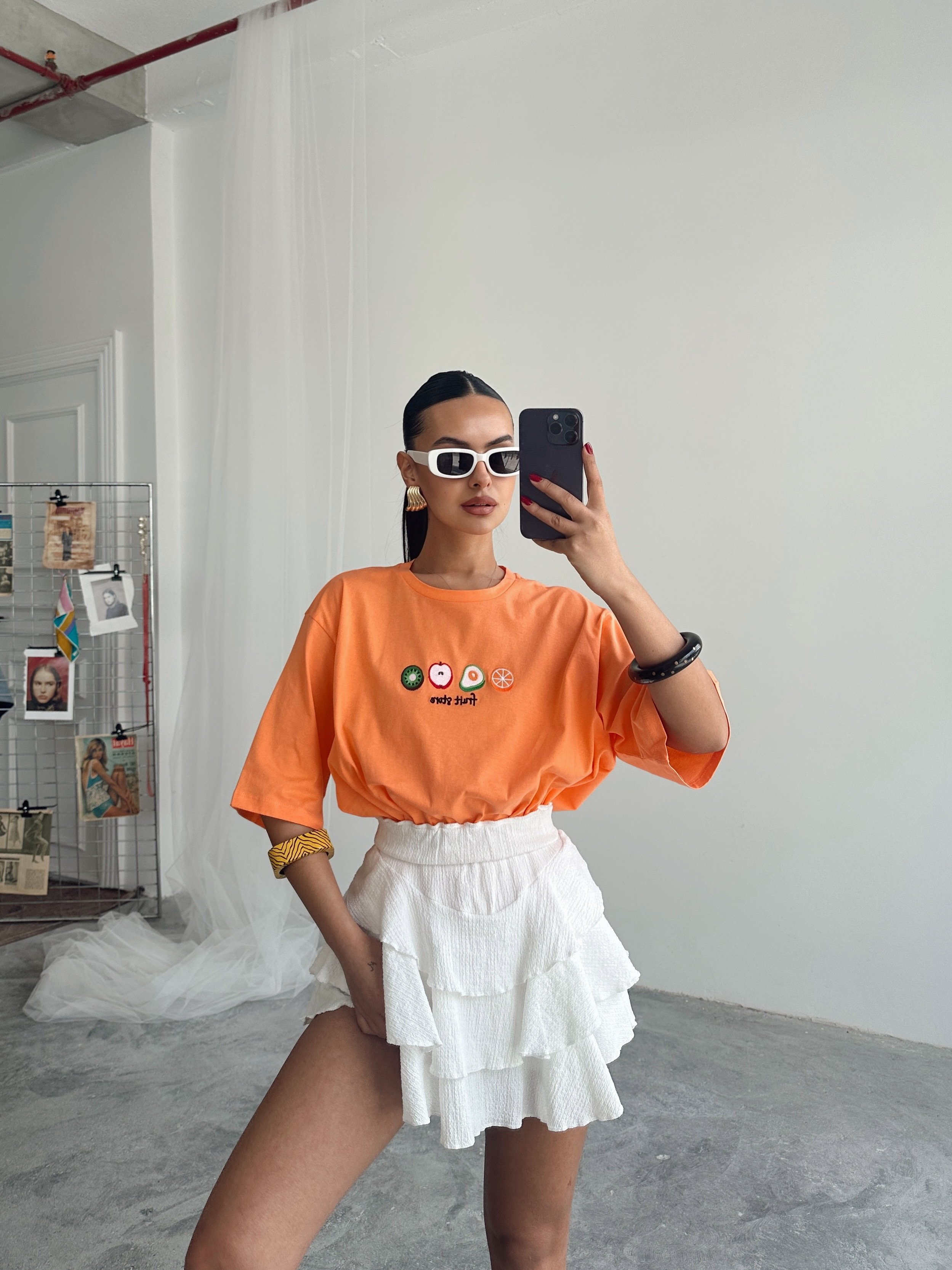 Fruit Nakış Basic T-shirt Turuncu