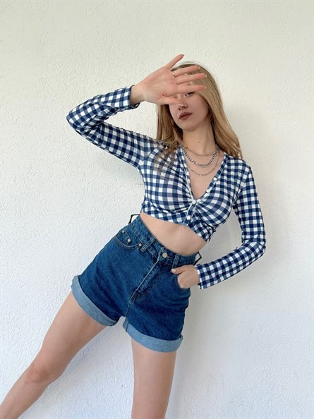 Pitikare Düğmeli Crop Bluz Mavi