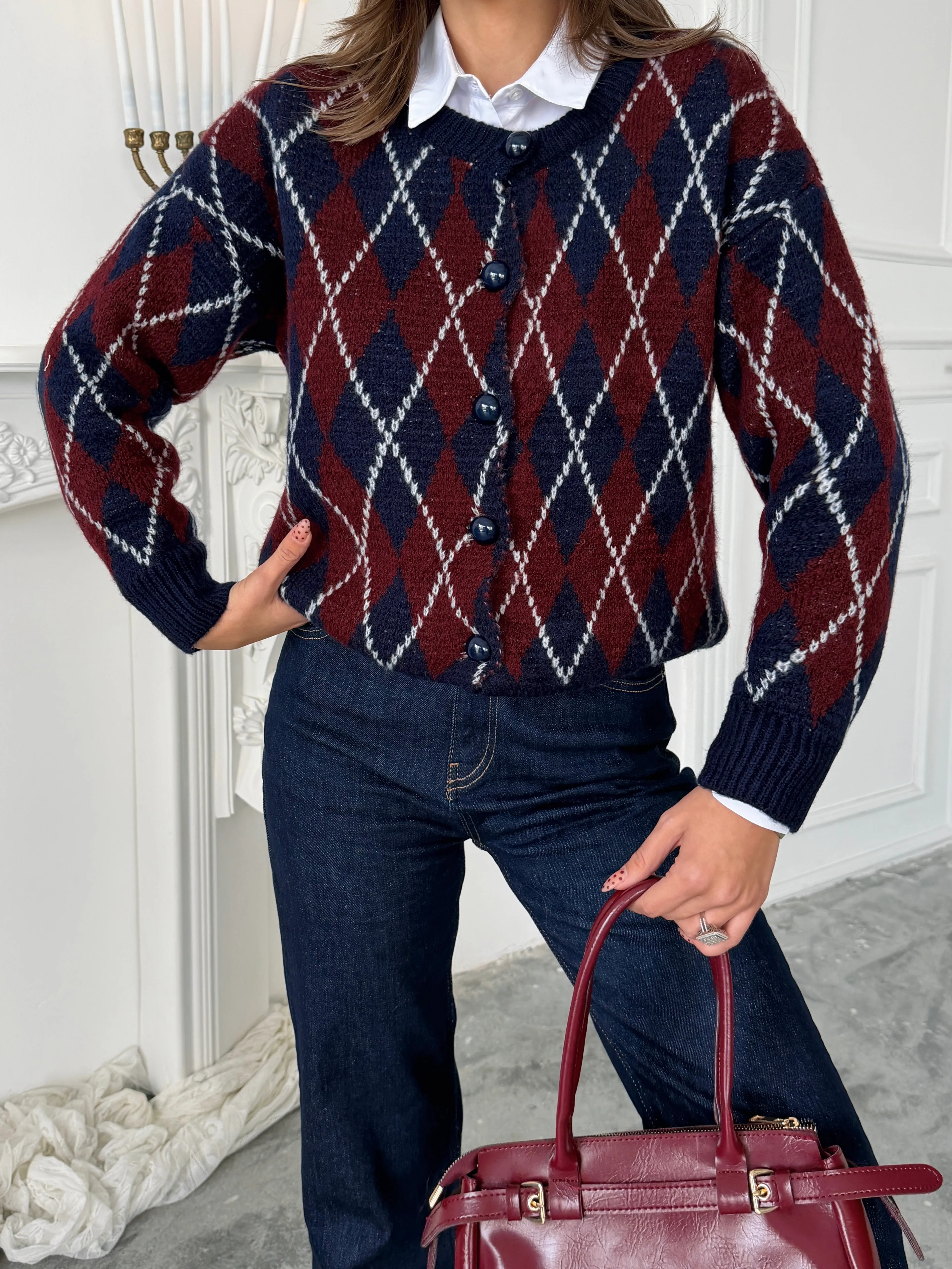 Bisiklet Yaka Baklava Desenli Hırka - Lacivert