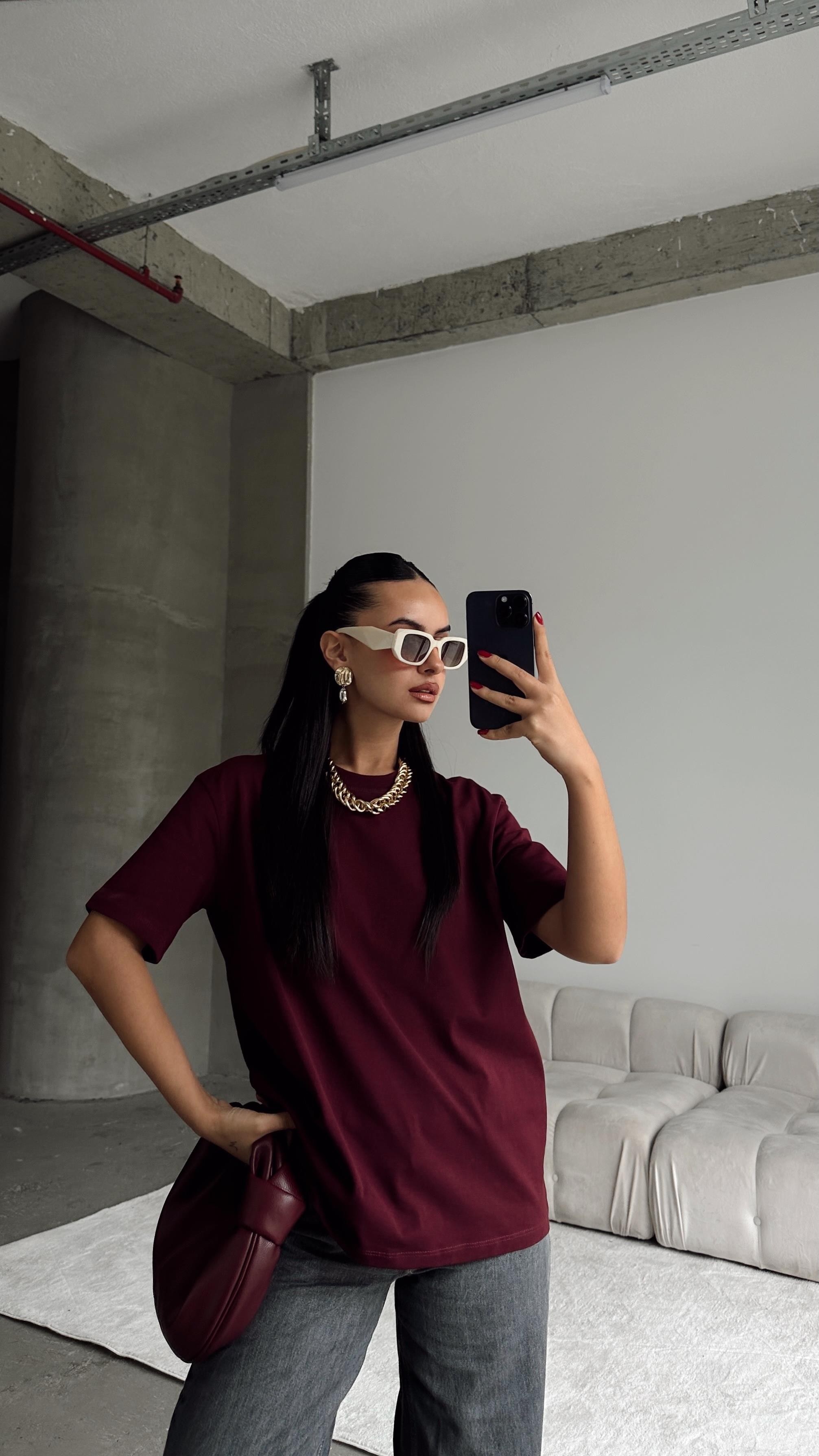 Kısa Kol Basic Tshirt Bordo