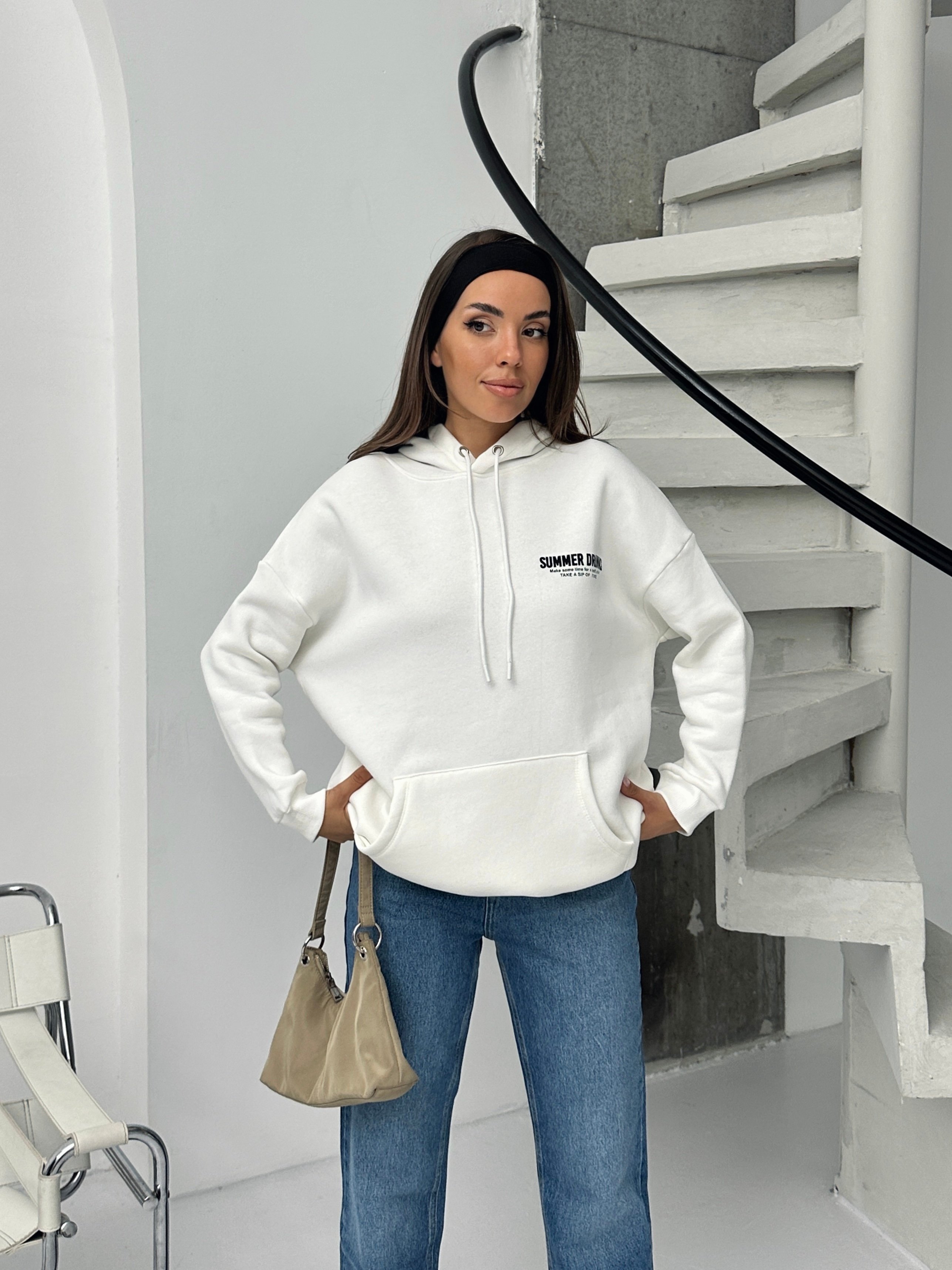 Baskılı Kapüşonlu Oversize Sweat - Beyaz