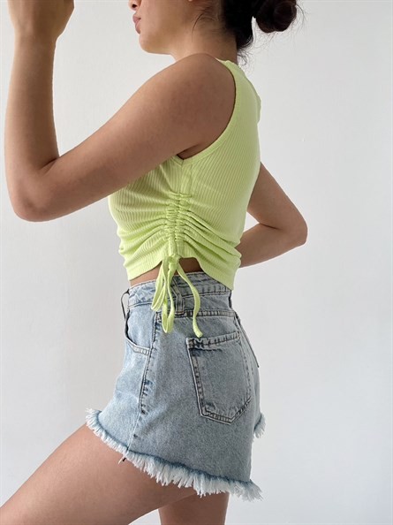 Original Yan Büzgü Bluz Neon Yeşil