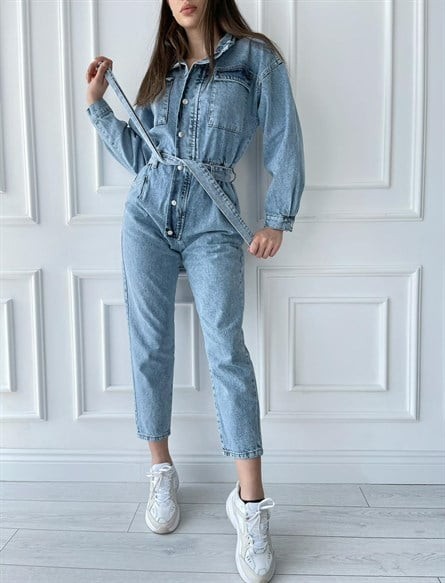 Kemer Detay Denim Tulum Buz Mavi