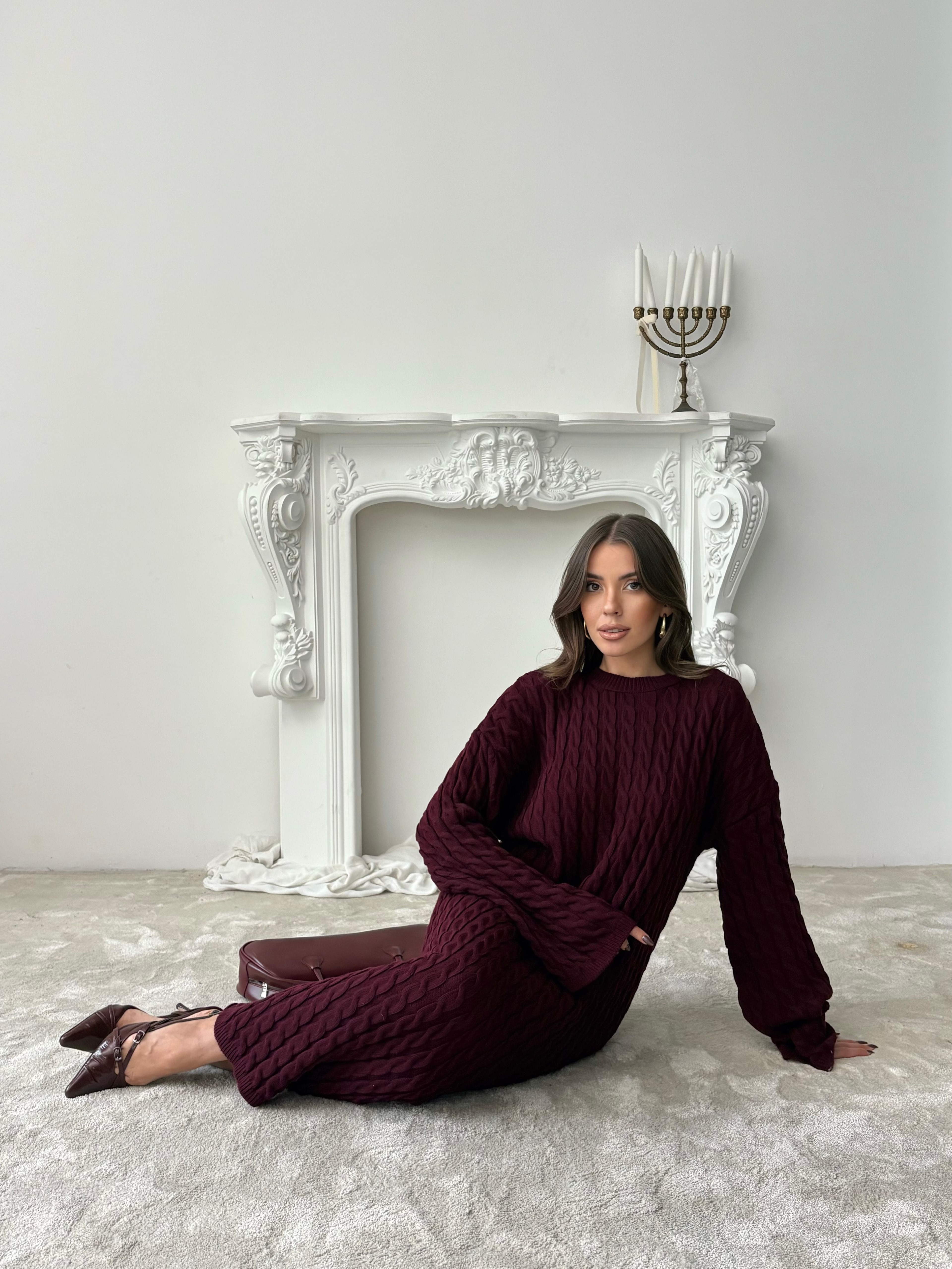 Saç Örgü Maxi Triko Elbise - Bordo
