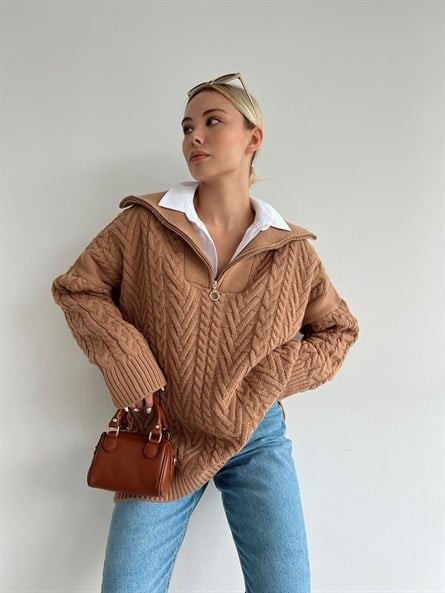Fermuar Yaka Örgü Oversize Kazak Taba