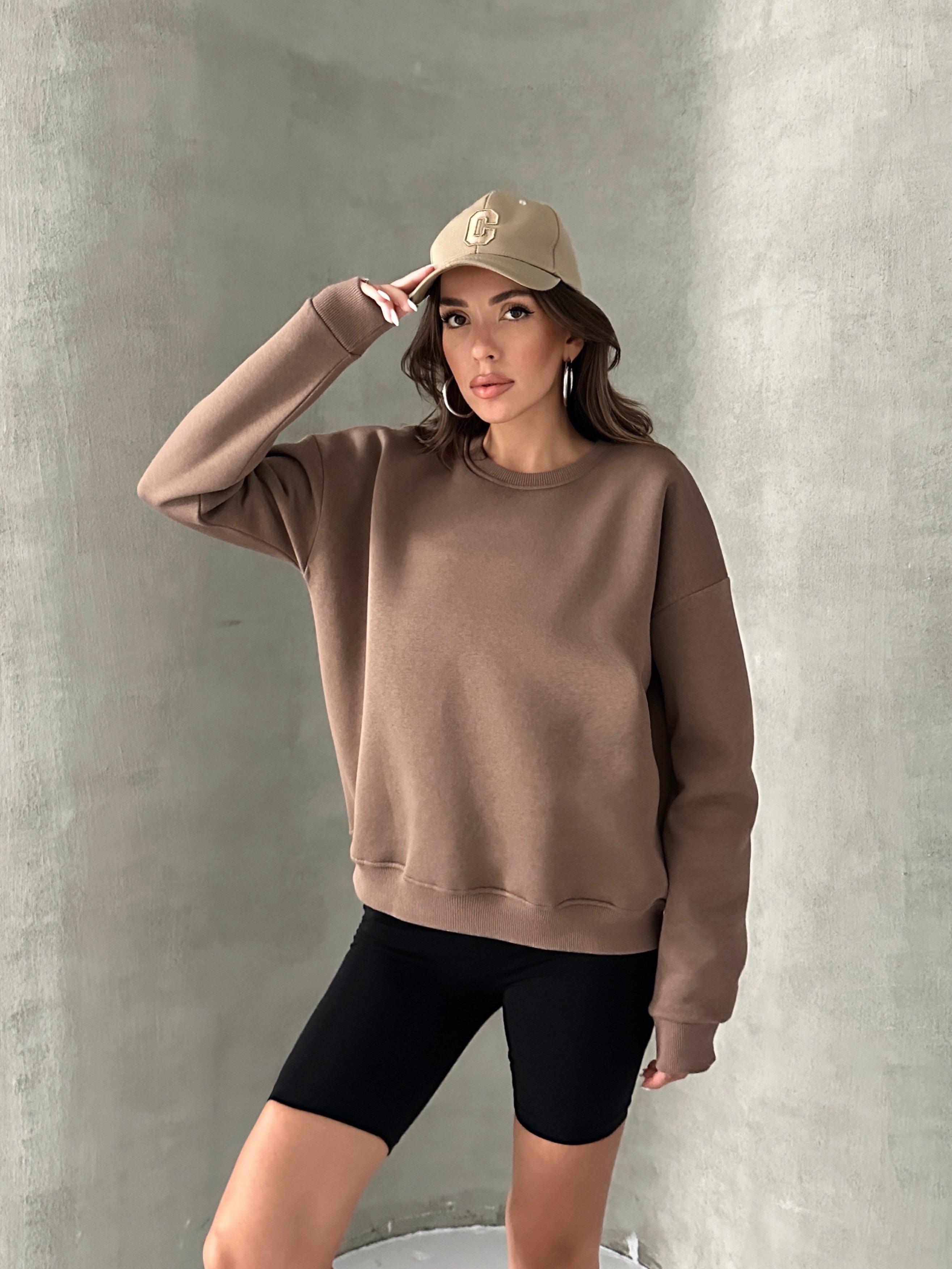 Düz Basic Sweatshırt - Kahve