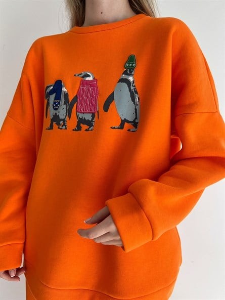 Penguen İşleme Oversize 3 İplik Sweatshirt Turuncu