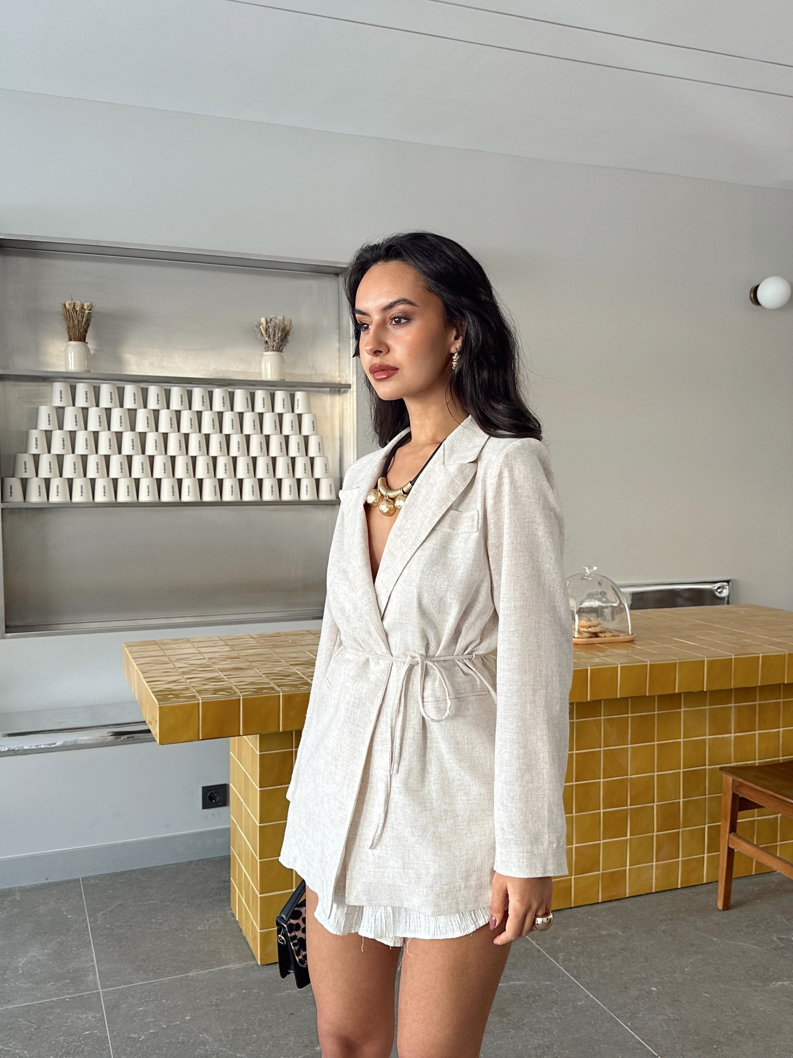Keten Bağlamalı Blazer Ceket - Ekru