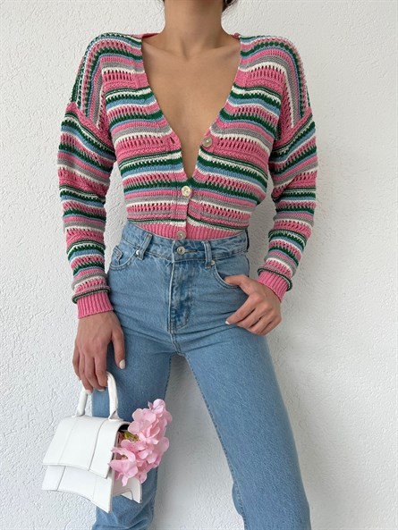 3 Düğme Renkli Örgü Hırka Pembe-Mavi