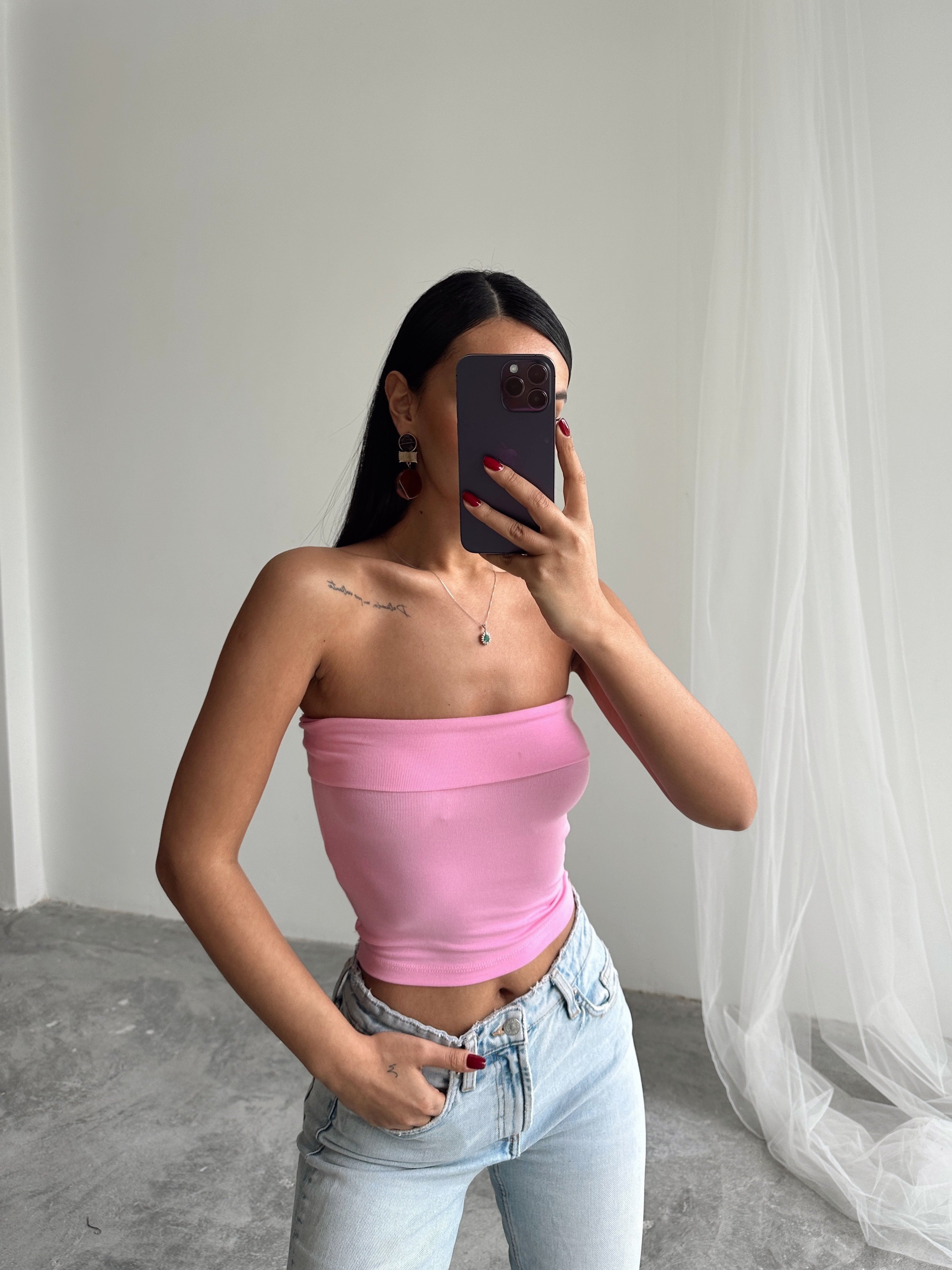 Katlamalı Straplez Bluz  - Pembe