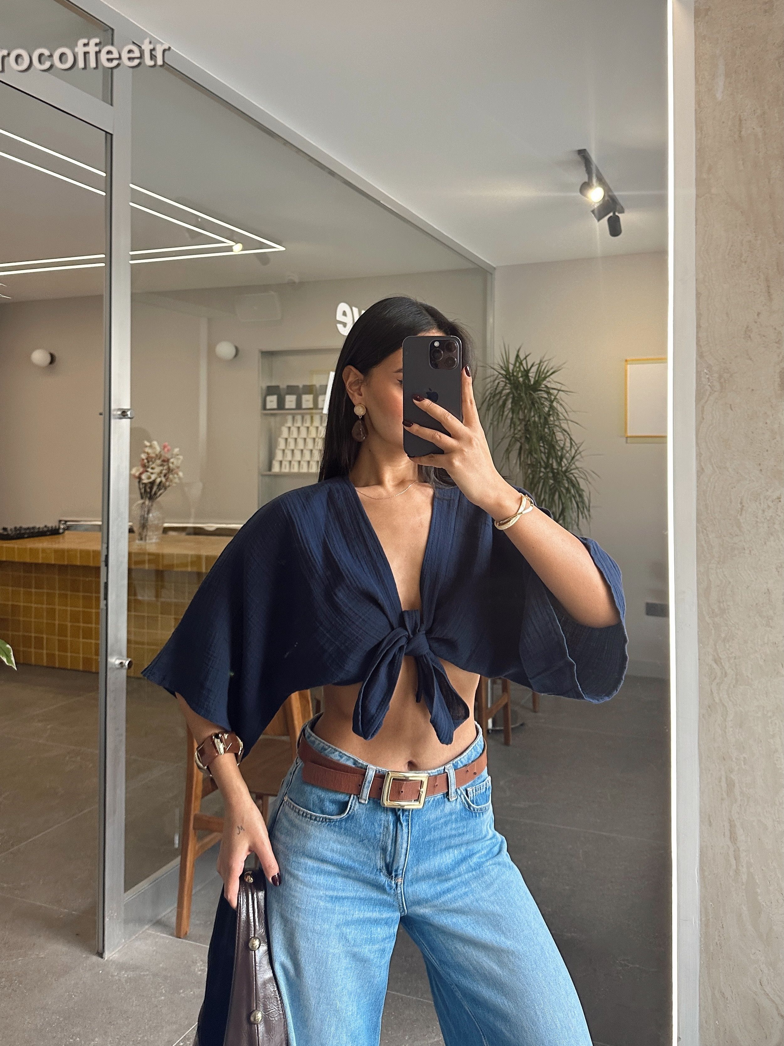 Müslin Kimono Bluz - Lacivert