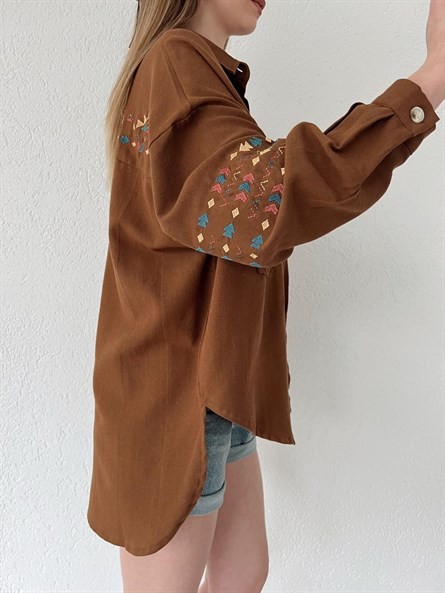 Etnik Nakışlı Oversize Gömlek Kahverengi