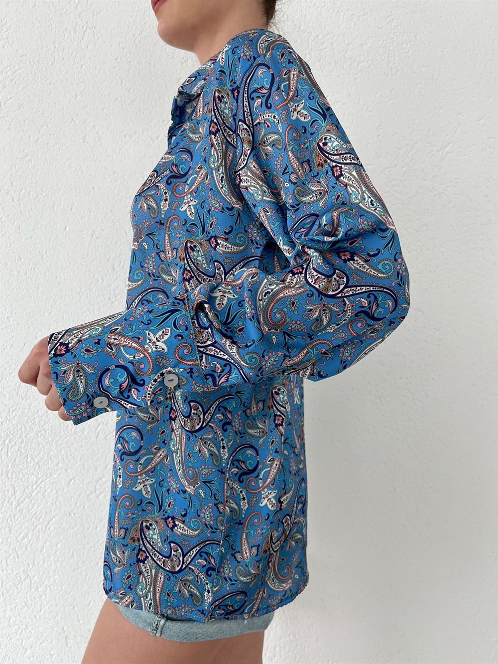 Etnik Desen Oversize Saten Gömlek Mavi