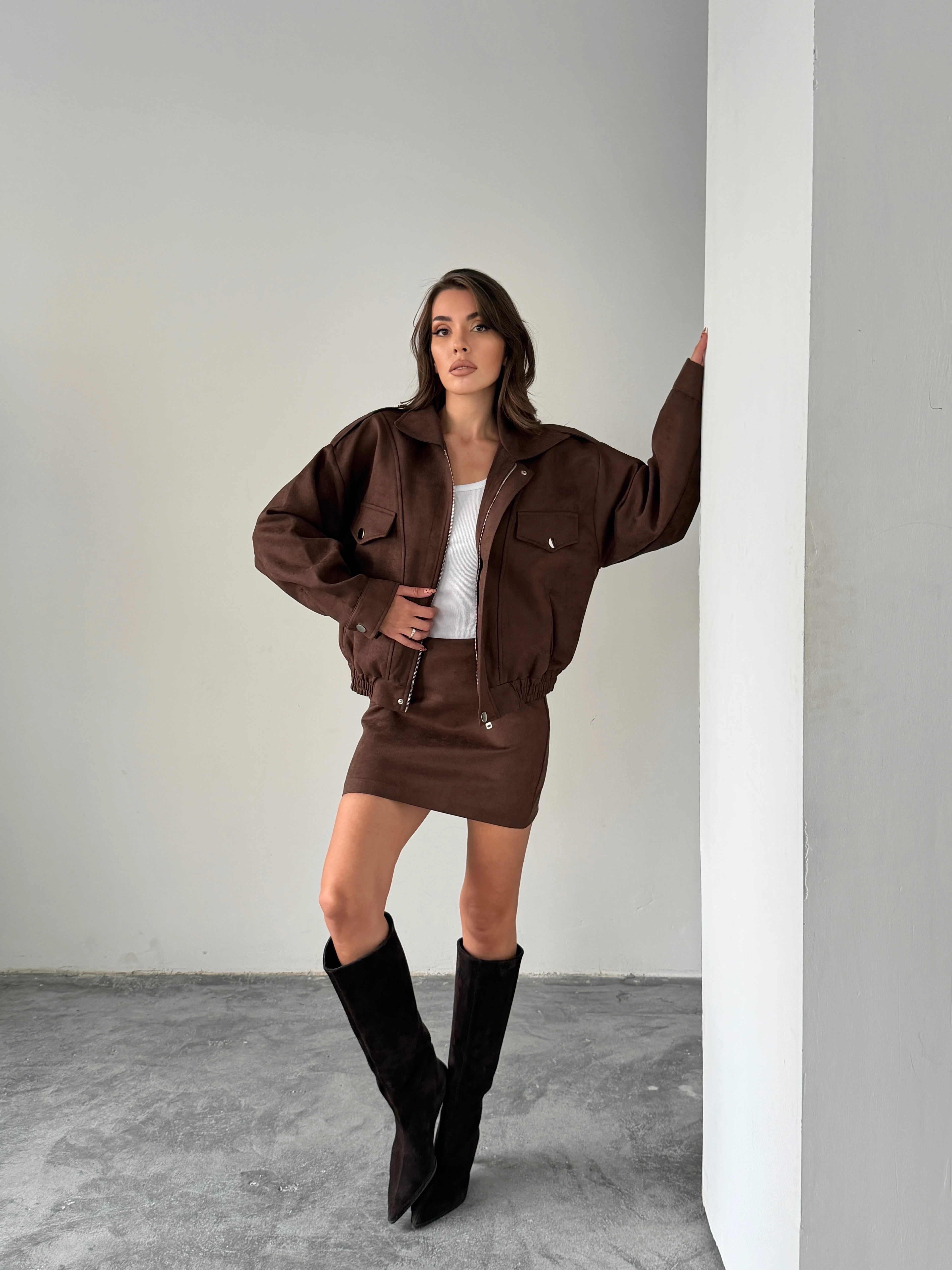 Süet Etek Ceket Takım  - Kahve