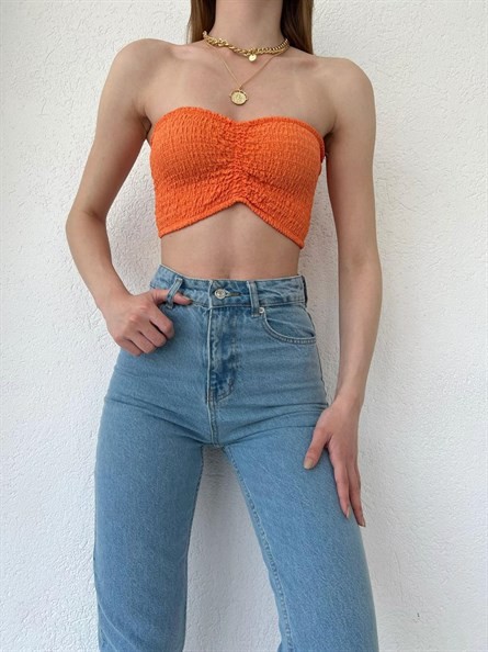 Drapeli Gofre Straplez Crop Turuncu