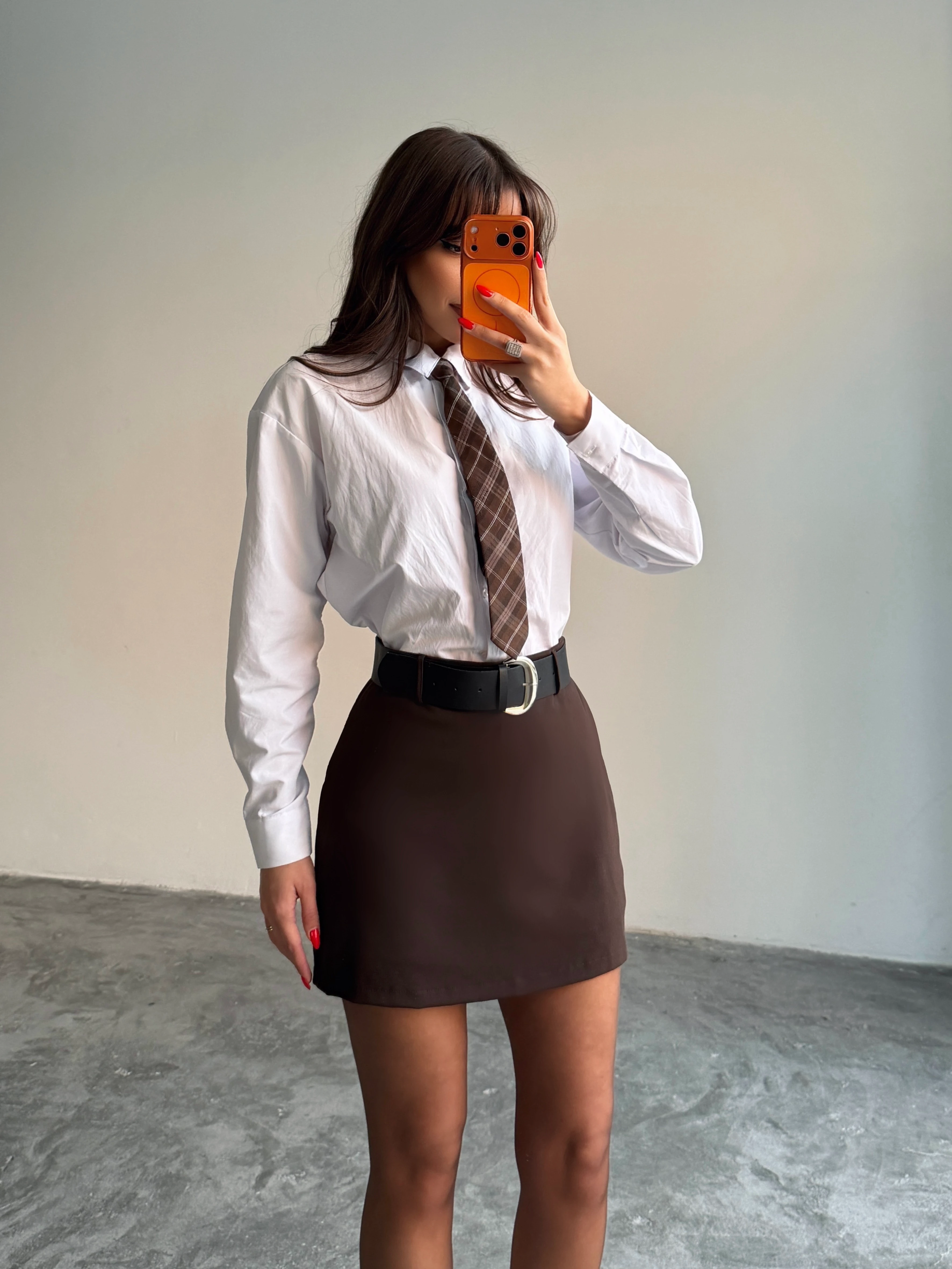 İçi Şortlu Kemerli Etek - Kahve