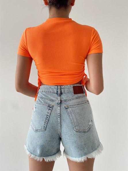 Yan Büzgü Fitilli Kısa Kol Crop Neon Turuncu