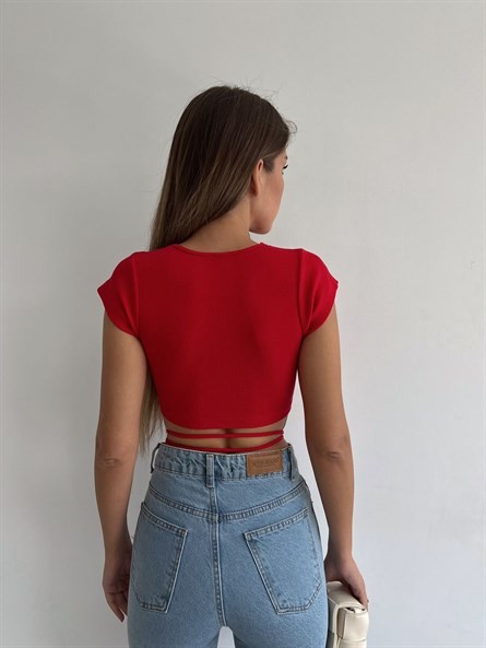Bel İp Detay Büzgülü Crop Kırmızı