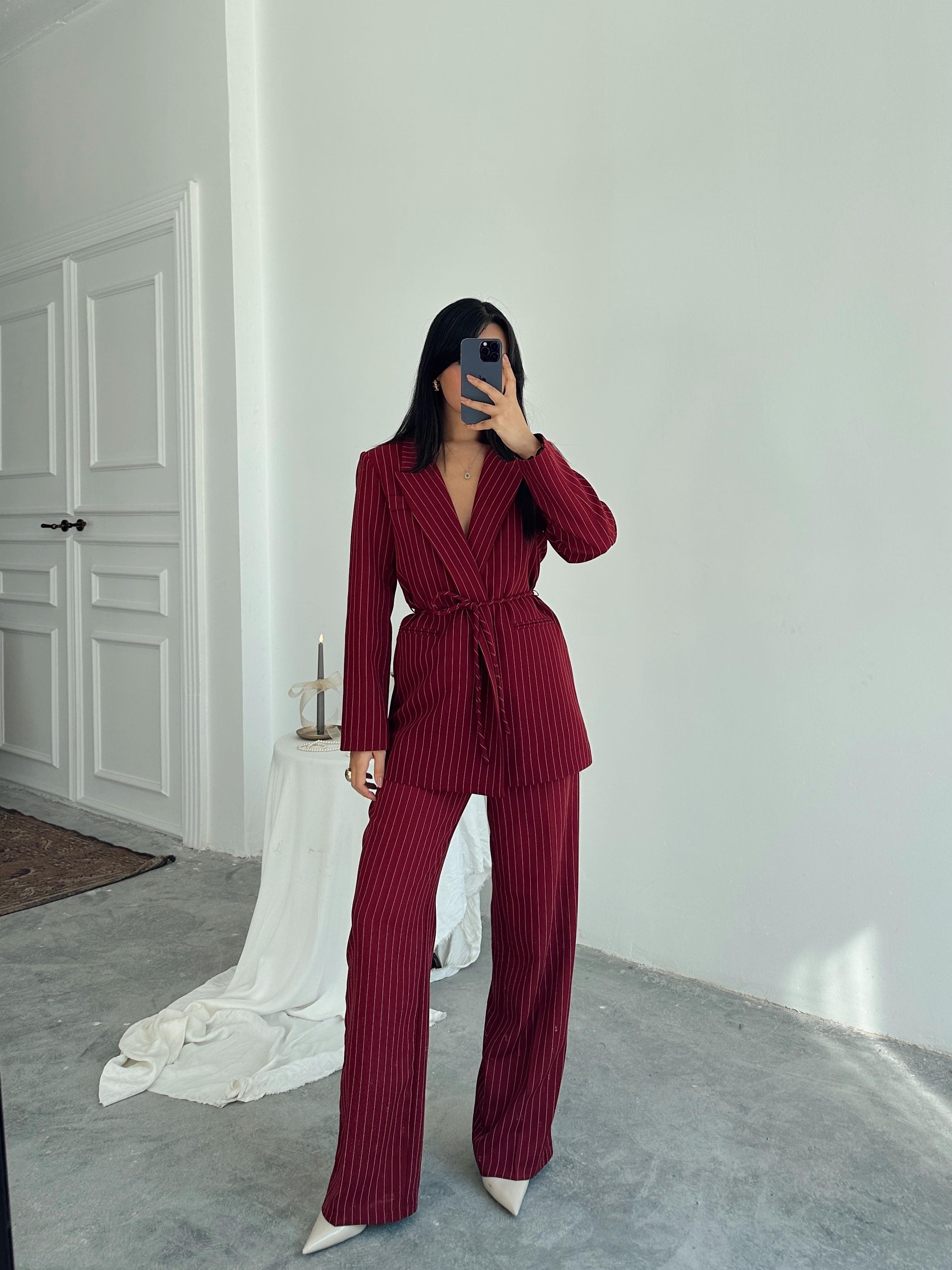 Bel Bağlama Line Blazer Ceket - Bordo