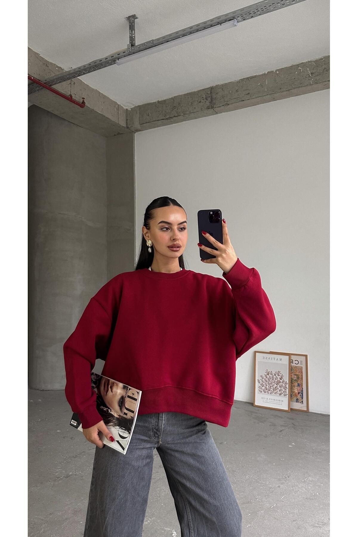 Sage Bisiklet Yaka Sweatshirt Bordo