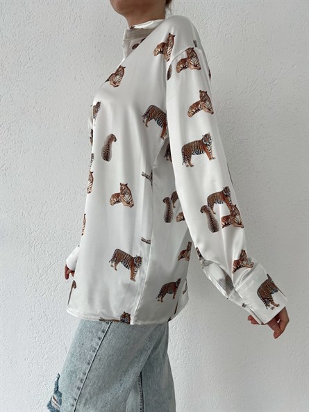 Leopar Oversize Saten Gömlek Beyaz