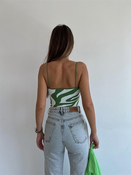 İp Askı Zebra Desenli Triko Bluz Yeşil-Beyaz