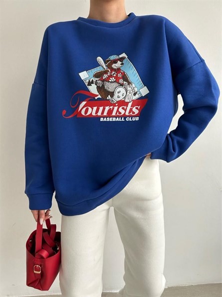 Tourists Baskı Oversize Sweatshirt Mavi