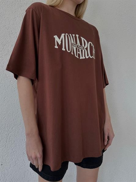 Yan Yırtmaç Oversize Monarch T-shirt Kahverengi