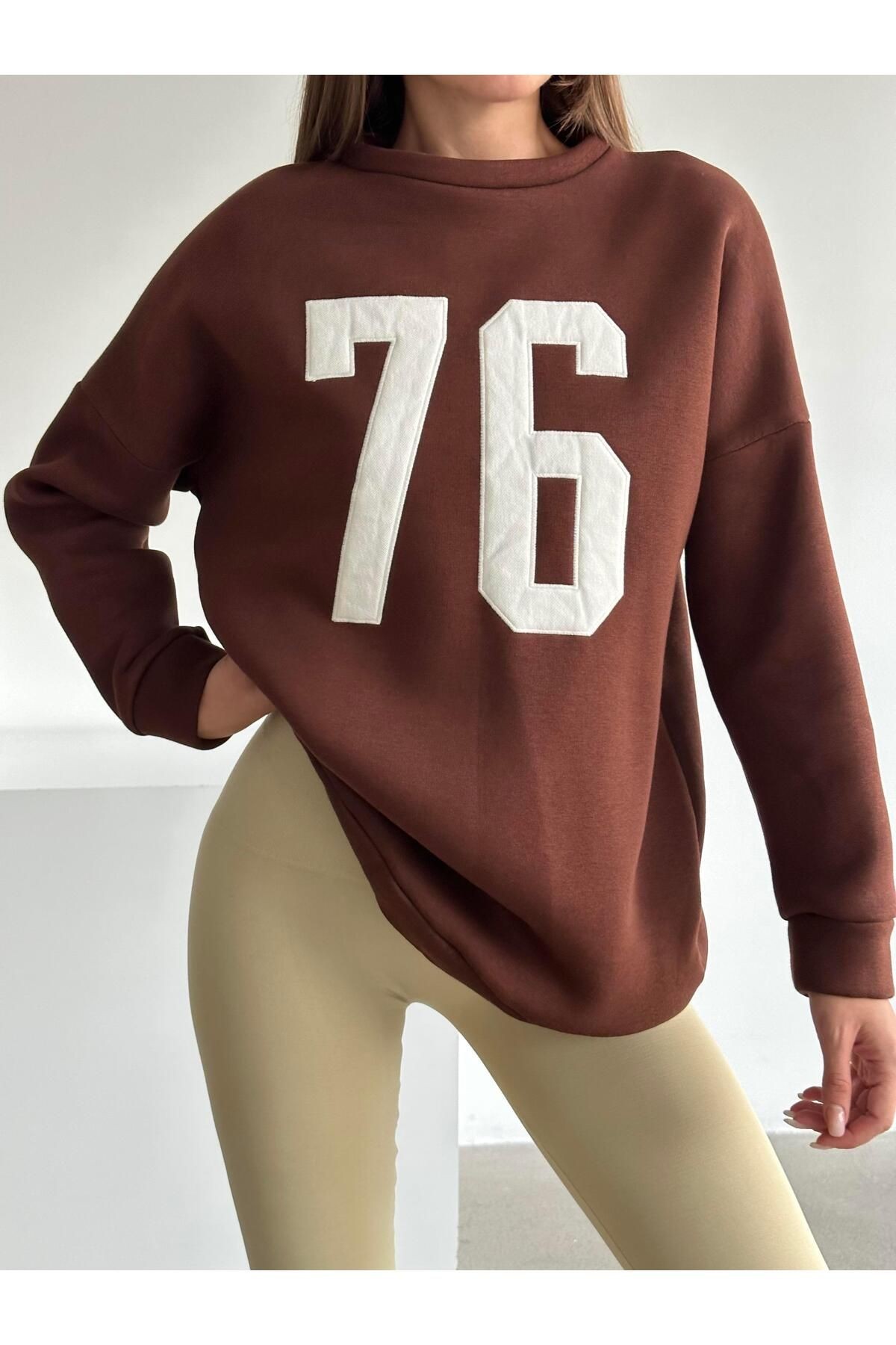 Seventy Six Baskı Sweat Kahverengi